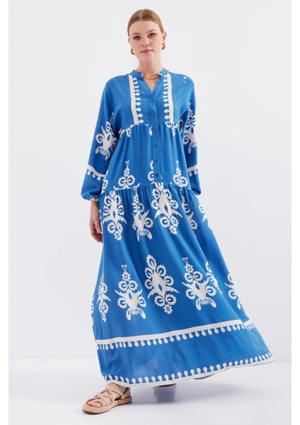 2423 Otantik Desenli Elbise - Beyaz - Indigo