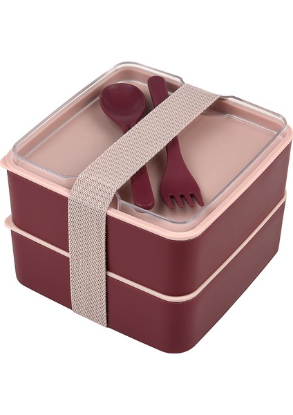 Double Kare Iki Katlı Lunch Box Beslenme Saklama Kutusu - Bordo