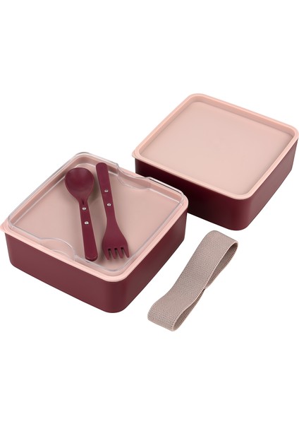 Double Kare Iki Katlı Lunch Box Beslenme Saklama Kutusu - Bordo