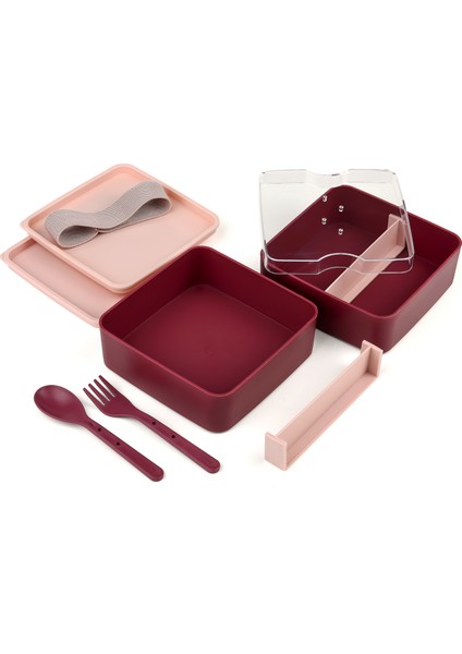 Double Kare Iki Katlı Lunch Box Beslenme Saklama Kutusu - Bordo