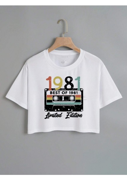 Kadın Beyaz 1981 Kaset Baskılı Oversıze Crop