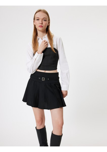 Mini Pileli Etek Kemer Detaylı Standart Bel Slim Fit Viskon Karışımlı