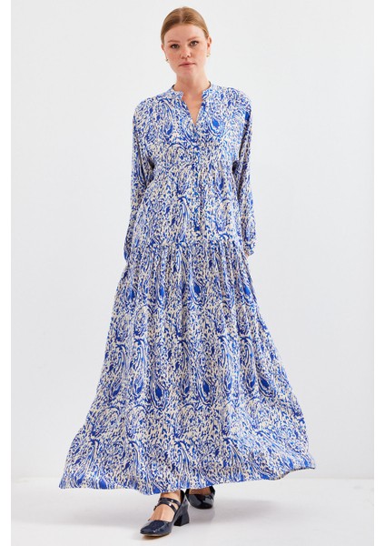 Kadın Desenli Saks Viskon Tesettür Elbise 2423