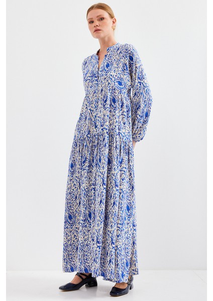 Kadın Desenli Saks Viskon Tesettür Elbise 2423 fiyatları