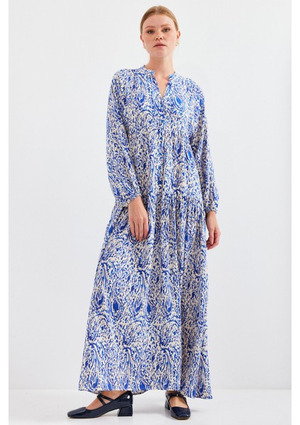 Kadın Desenli Saks Viskon Tesettür Elbise 2423 modelleri