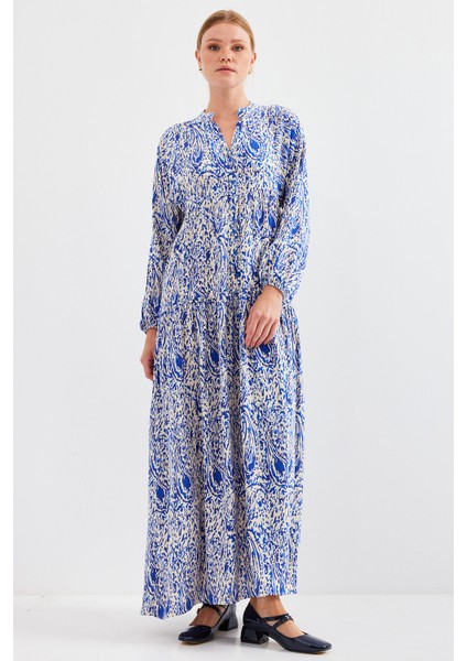 Kadın Desenli Saks Viskon Tesettür Elbise 2423 fırsatları