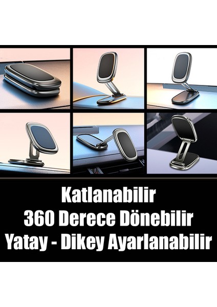 Tüm Araçlarla Uyumlu Mıknatıslı Metal Katlanır Torpido Cam Yapışkanlı 360 Dönen Araç Telefon Tutucu