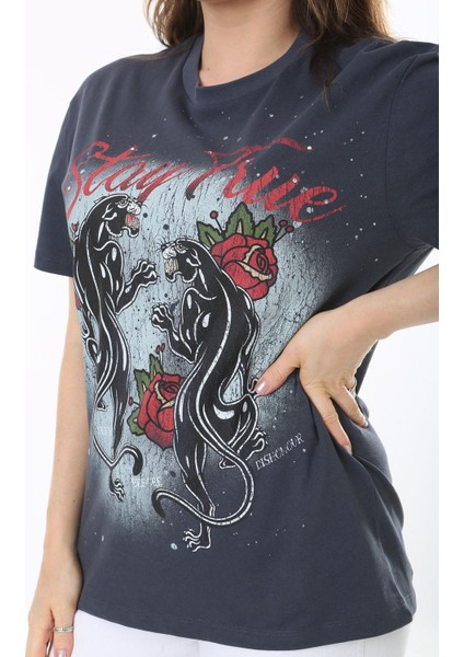 Kadın Büyük Beden Füme Pamuklu Kumaş Kısa Kollu Baskı Ve Taş Detaylı Bluz 65N38036 fırsatları