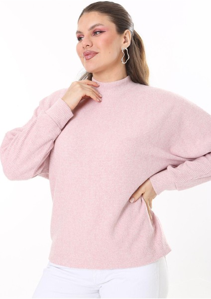 Kadın Büyük Beden Bebe Mavisi Yün Viskon Kumaş Yarasa Kollu Bluz 65N37703
