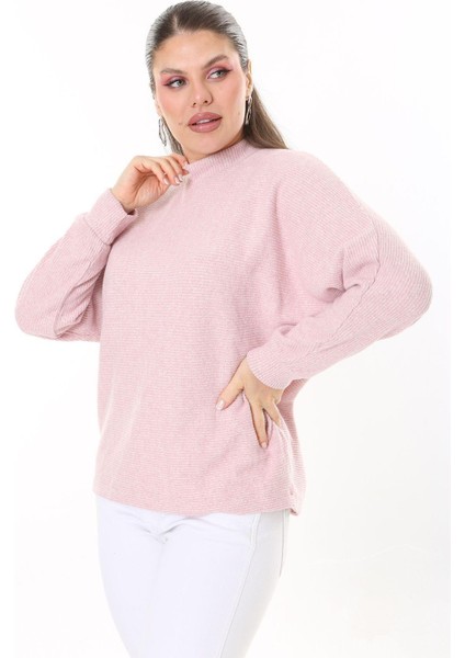 Kadın Büyük Beden Bebe Mavisi Yün Viskon Kumaş Yarasa Kollu Bluz 65N37703