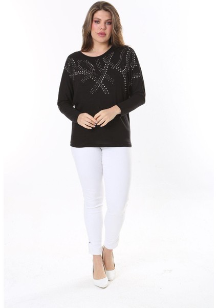 Kadın Büyük Beden Siyah Taş Detaylı Yarasa Kol Bluz 65N37804 modelleri