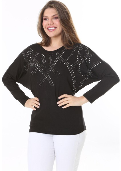 Kadın Büyük Beden Siyah Taş Detaylı Yarasa Kol Bluz 65N37804