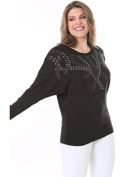 Kadın Büyük Beden Siyah Taş Detaylı Yarasa Kol Bluz 65N37804 fırsatları