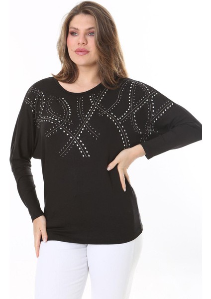 Kadın Büyük Beden Siyah Taş Detaylı Yarasa Kol Bluz 65N37804 indirimleri