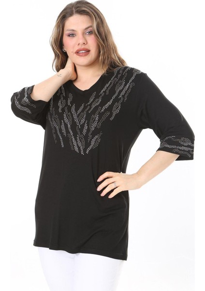 Kadın Büyük Beden Siyah Taş Detaylı Bluz 65N37976