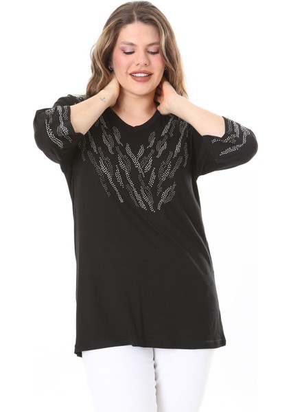 Kadın Büyük Beden Siyah Taş Detaylı Bluz 65N37976 fiyatları