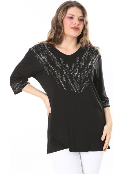 Kadın Büyük Beden Siyah Taş Detaylı Bluz 65N37976 modelleri