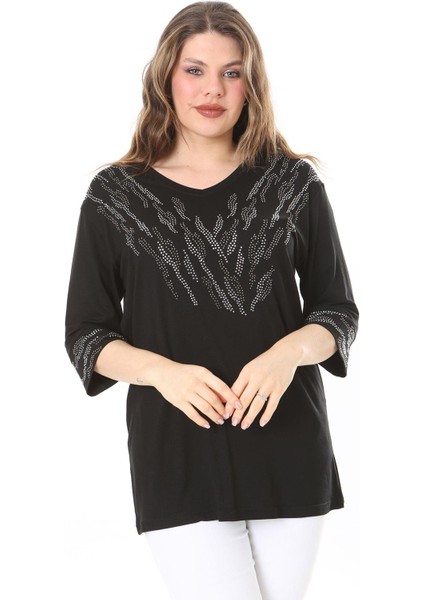 Kadın Büyük Beden Siyah Taş Detaylı Bluz 65N37976 fırsatları