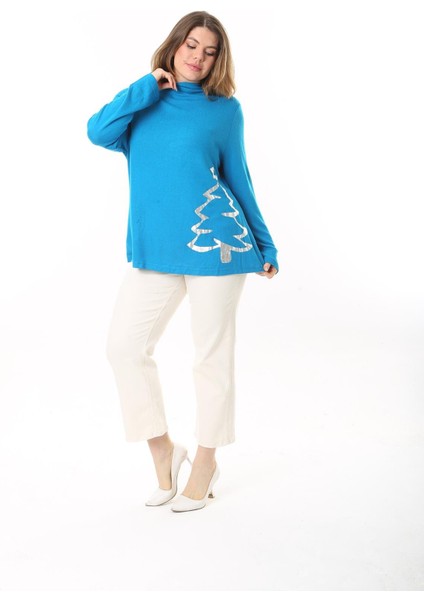 Kadın Büyük Beden Mavi Dik Yakalı Lak Baskılı Tunik 65N37496