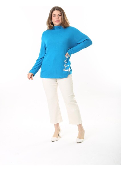 Kadın Büyük Beden Mavi Dik Yakalı Lak Baskılı Tunik 65N37496