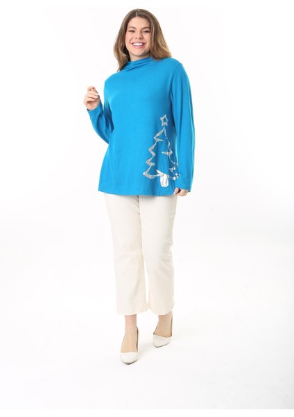 Kadın Büyük Beden Mavi Dik Yakalı Lak Baskılı Tunik 65N37496