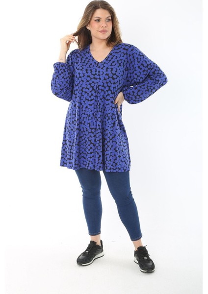 Kadın Büyük Beden Saks Önü A Pileli V Yakalı Bluz 65N37467