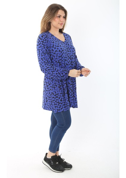 Kadın Büyük Beden Saks Önü A Pileli V Yakalı Bluz 65N37467 modelleri