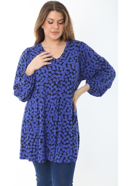 Kadın Büyük Beden Saks Önü A Pileli V Yakalı Bluz 65N37467 indirimleri