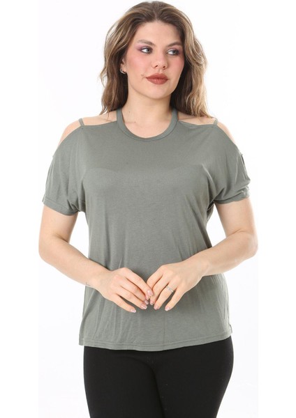 Kadın Büyük Beden Haki Omuz Dekolteli Bluz 65N38047