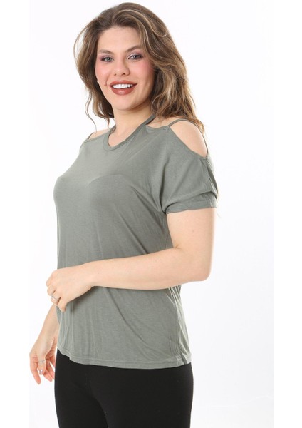 Kadın Büyük Beden Haki Omuz Dekolteli Bluz 65N38047 modelleri