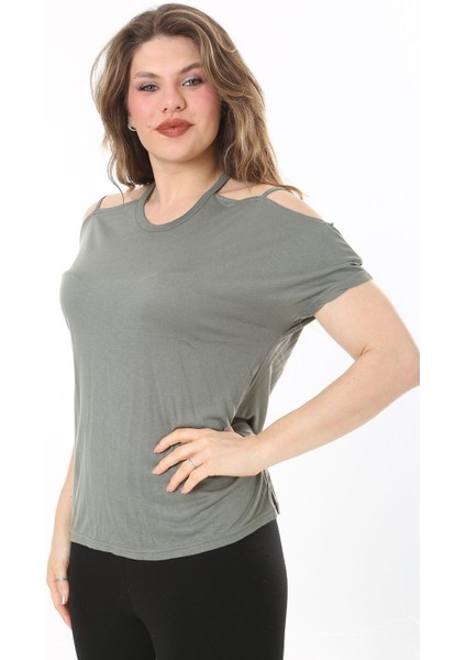 Kadın Büyük Beden Haki Omuz Dekolteli Bluz 65N38047 fırsatları