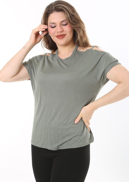 Kadın Büyük Beden Haki Omuz Dekolteli Bluz 65N38047 indirimleri