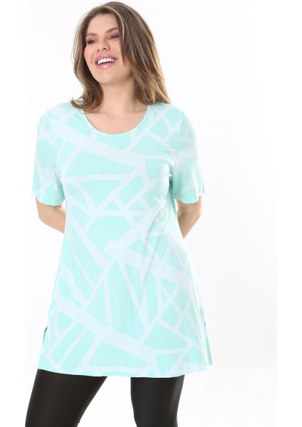 Kadın Büyük Beden Yeşil Bisiklet Yakalı Kısa Kollu Çizgili Tunik 65N37851 fiyatları