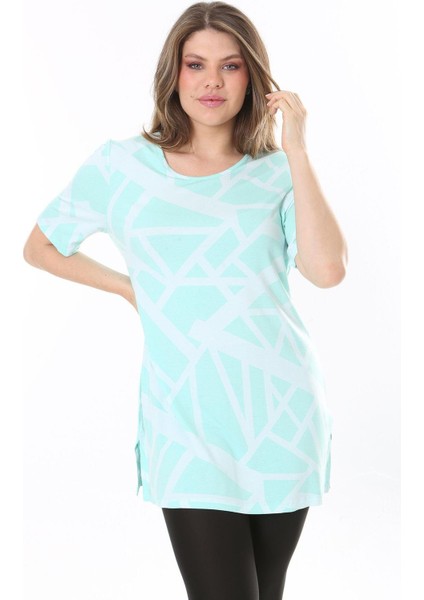 Kadın Büyük Beden Yeşil Bisiklet Yakalı Kısa Kollu Çizgili Tunik 65N37851 fırsatları