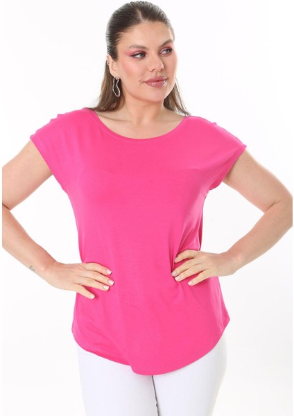 Kadın Büyük Beden Neon Pembe Bisiklet Yakalı Düşük Kollu Bluz 65N37706