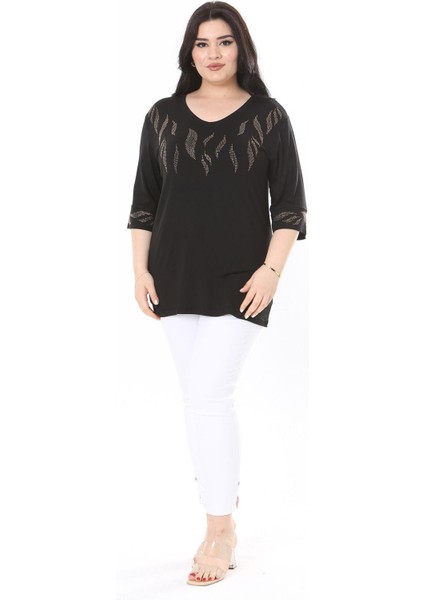 Kadın Büyük Beden Siyah Taş Detaylı Bluz 65N37978