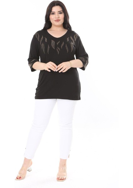 Kadın Büyük Beden Siyah Taş Detaylı Bluz 65N37978 fiyatları