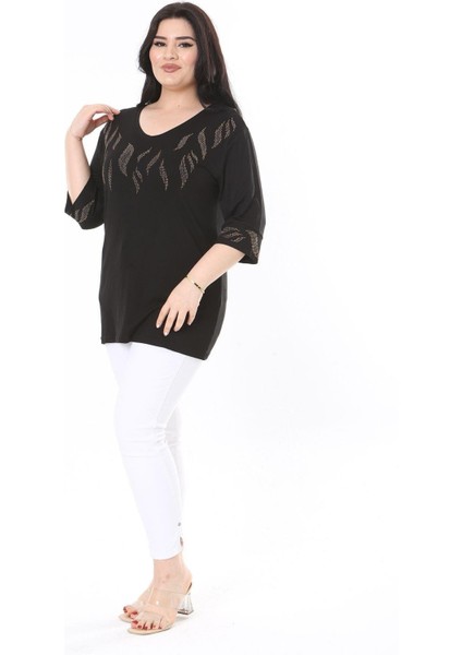 Kadın Büyük Beden Siyah Taş Detaylı Bluz 65N37978 modelleri