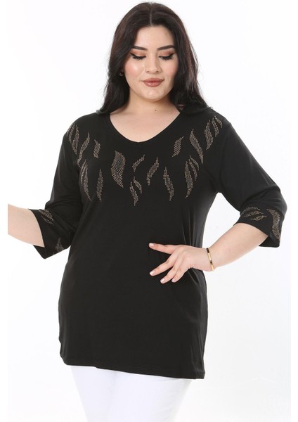 Kadın Büyük Beden Siyah Taş Detaylı Bluz 65N37978 indirimleri
