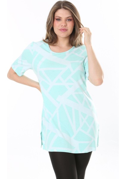 Kadın Büyük Beden Yeşil Bisiklet Yakalı Kısa Kollu Çizgili Tunik 65N37851 fırsatları