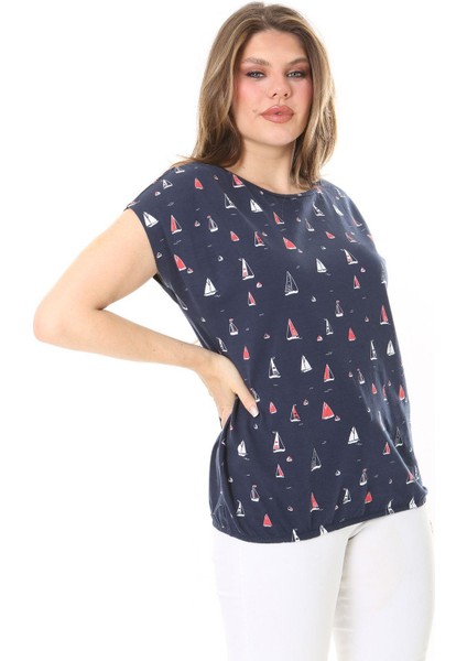 Kadın Büyük Beden Lacivert Pamuk Kumaş Etek Ucu Lastikli Düşük Kollu Bluz 65N37895 fiyatları