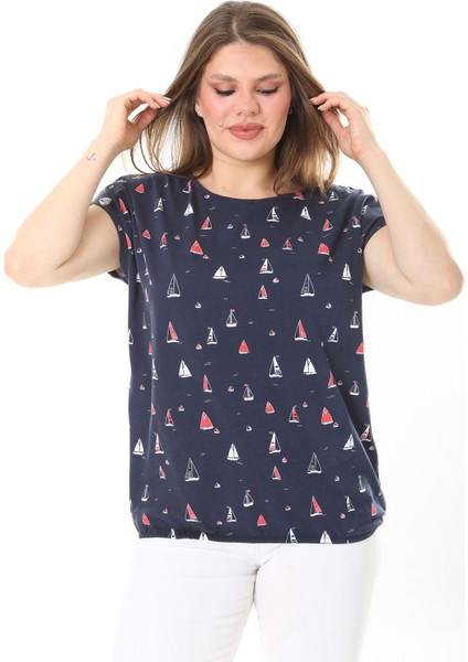 Kadın Büyük Beden Lacivert Pamuk Kumaş Etek Ucu Lastikli Düşük Kollu Bluz 65N37895 fırsatları