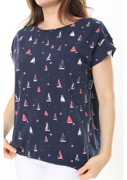 Kadın Büyük Beden Lacivert Pamuk Kumaş Etek Ucu Lastikli Düşük Kollu Bluz 65N37895 indirimleri