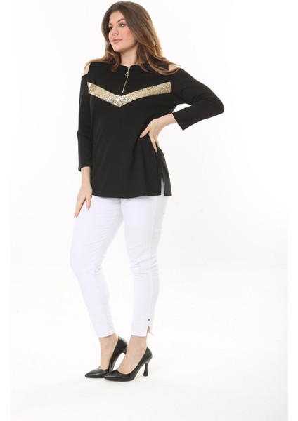 Kadın Büyük Beden Siyah Omuz Dekolteli Robası Fermuarlı Payet Detaylı Bluz 65N37509 modelleri
