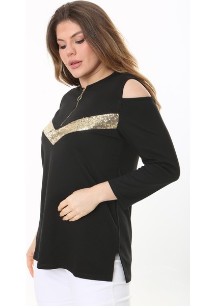 Kadın Büyük Beden Siyah Omuz Dekolteli Robası Fermuarlı Payet Detaylı Bluz 65N37509 fırsatları