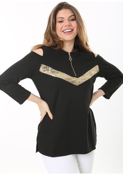 Kadın Büyük Beden Siyah Omuz Dekolteli Robası Fermuarlı Payet Detaylı Bluz 65N37509 indirimleri
