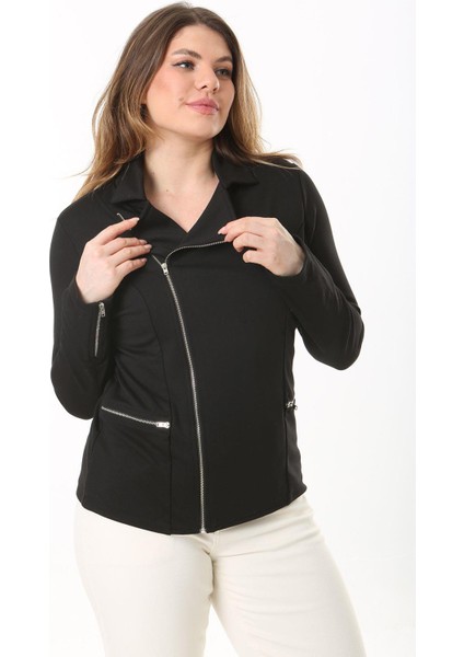 Kadın Büyük Beden Siyah Fermuar Detaylı Astarsız Ceket 65N37540 fiyatları