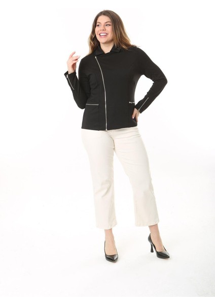 Kadın Büyük Beden Siyah Fermuar Detaylı Astarsız Ceket 65N37540 indirimleri