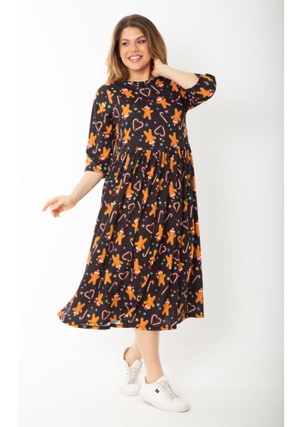 Kadın Büyük Beden Siyah Noel Desenli Belden Büzgülü Kapri Kollu Elbise 65N37427