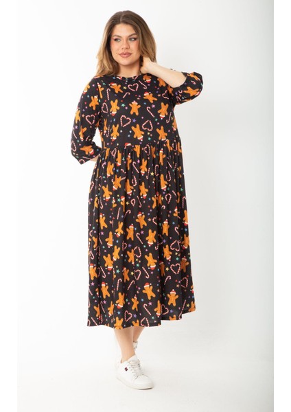 Kadın Büyük Beden Siyah Noel Desenli Belden Büzgülü Kapri Kollu Elbise 65N37427 modelleri